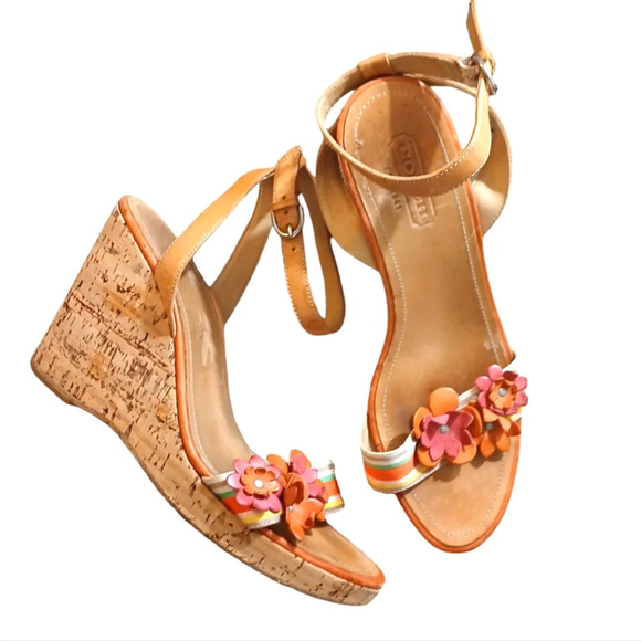 Coach Morgan Strappy aCork Wedge Floral Leather Sandal size 8.5 - Picture 1 of 11